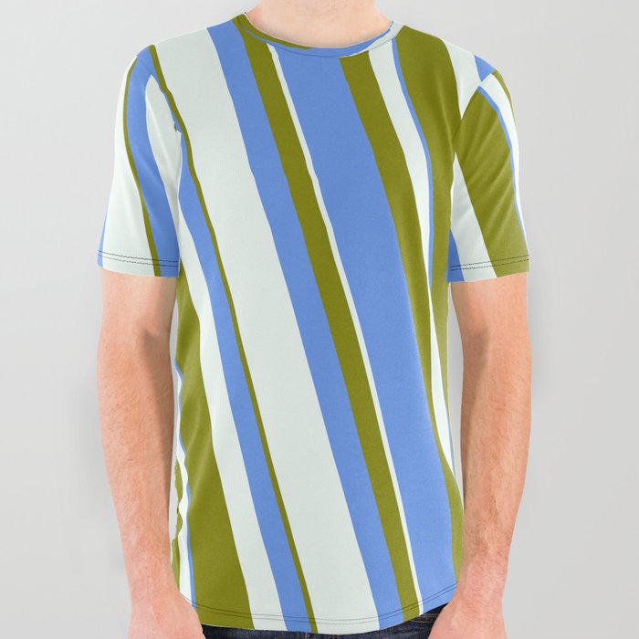 Mint Cream, Green & Cornflower Blue Colored Striped/Lined Pattern All Over Graphic Tee