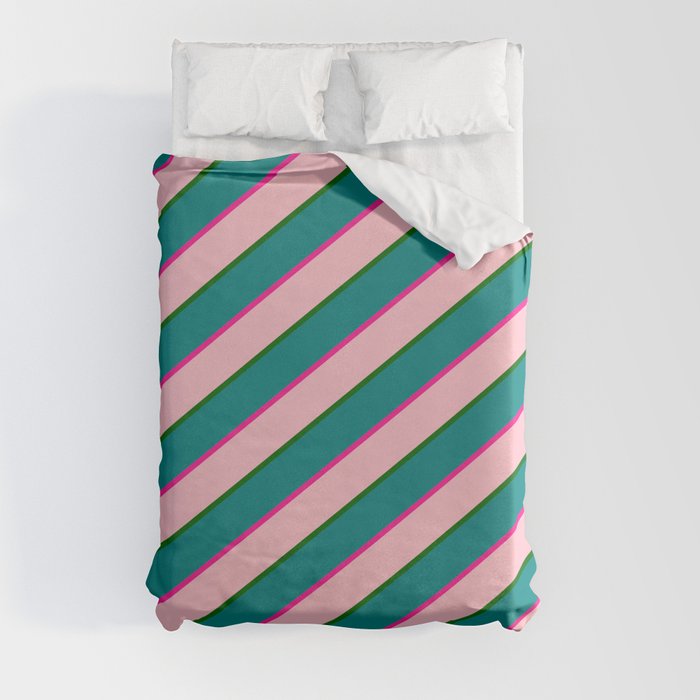 Deep Pink, Pink, Dark Green & Teal Colored Lined/Striped Pattern Duvet Cover
