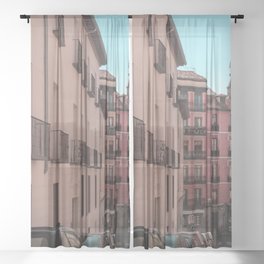 Spain Photography - A Small Street With Parked Cars In Madrid Sheer Curtain