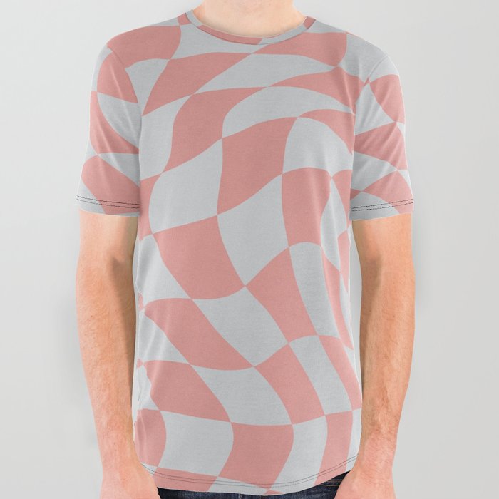 Pink and gray warp checked All Over Graphic Tee