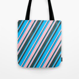 [ Thumbnail: Deep Sky Blue, Pink & Dark Slate Gray Colored Stripes Pattern Tote Bag ]