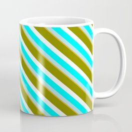 [ Thumbnail: Eye-catching Green, Mint Cream, Aqua, Powder Blue, and Goldenrod Colored Striped/Lined Pattern Coffee Mug ]