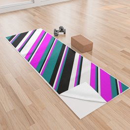 [ Thumbnail: Teal, Fuchsia, White, and Black Colored Lined/Striped Pattern Yoga Towel ]
