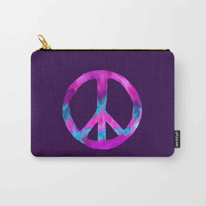 Purple Turquoise Watercolor Tie Dye Peace Sign on Purple Carry-All Pouch