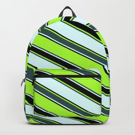 [ Thumbnail: Light Green, Dark Slate Gray, Light Cyan, and Black Colored Striped Pattern Backpack ]