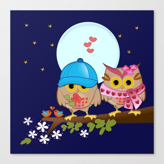 Blue moon Valentine's Owls Canvas Print