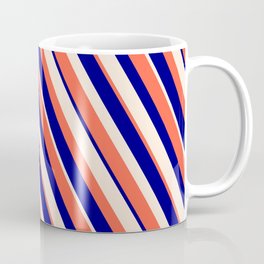 [ Thumbnail: Red, Blue & Beige Colored Striped Pattern Coffee Mug ]