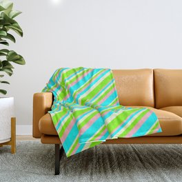 [ Thumbnail: Light Yellow, Green, Light Pink, and Cyan Colored Striped/Lined Pattern Throw Blanket ]
