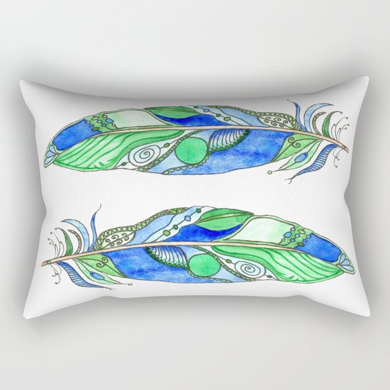 Bohemian Spirit Feathers - Blue & Green Rectangular Pillow