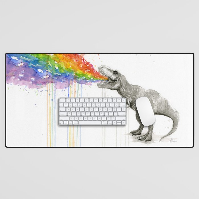 T-Rex Dinosaur Rainbow Puke Taste the Rainbow Watercolor Desk Mat