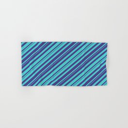 [ Thumbnail: Dark Slate Blue and Turquoise Colored Striped/Lined Pattern Hand & Bath Towel ]