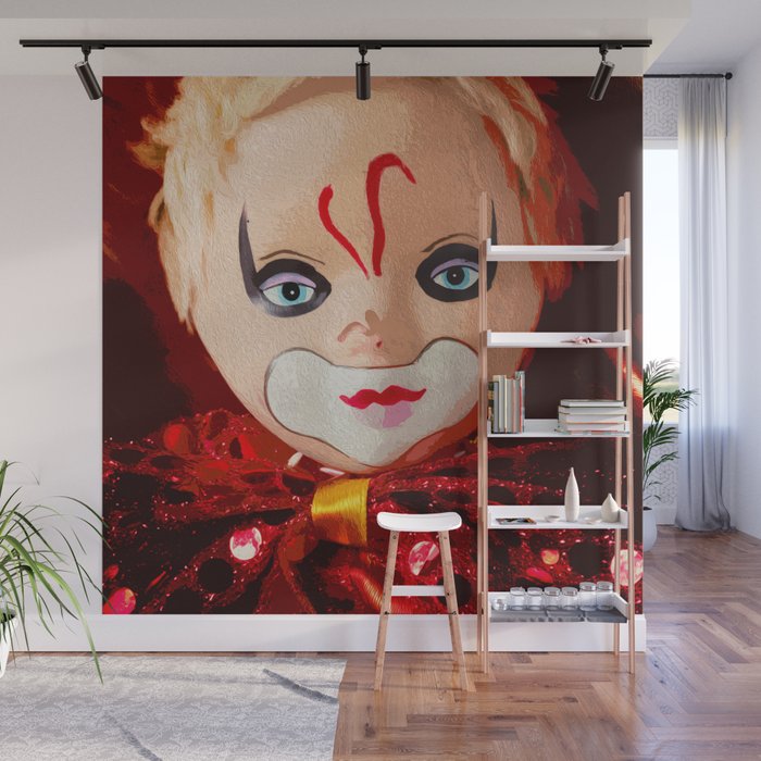 sad, red clown doll face, poster style oil painting Wall Mural