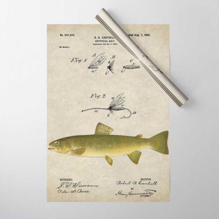 Vintage Brown Trout Fly Fishing Lure Patent Game Fish Identification Chart  Wrapping Paper by Atlantic Coast Arts and Paintings