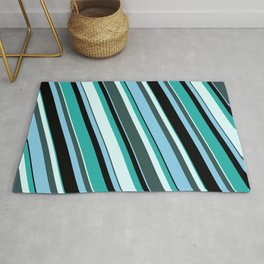 [ Thumbnail: Light Sea Green, Light Cyan, Dark Slate Gray, Sky Blue, and Black Colored Striped/Lined Pattern Rug ]