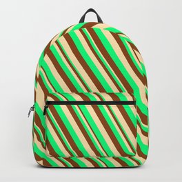 [ Thumbnail: Green, Brown & Beige Colored Lined/Striped Pattern Backpack ]