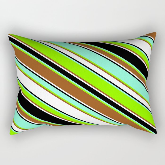 Aquamarine, Chartreuse, Brown, White, and Black Colored Striped/Lined Pattern Rectangular Pillow