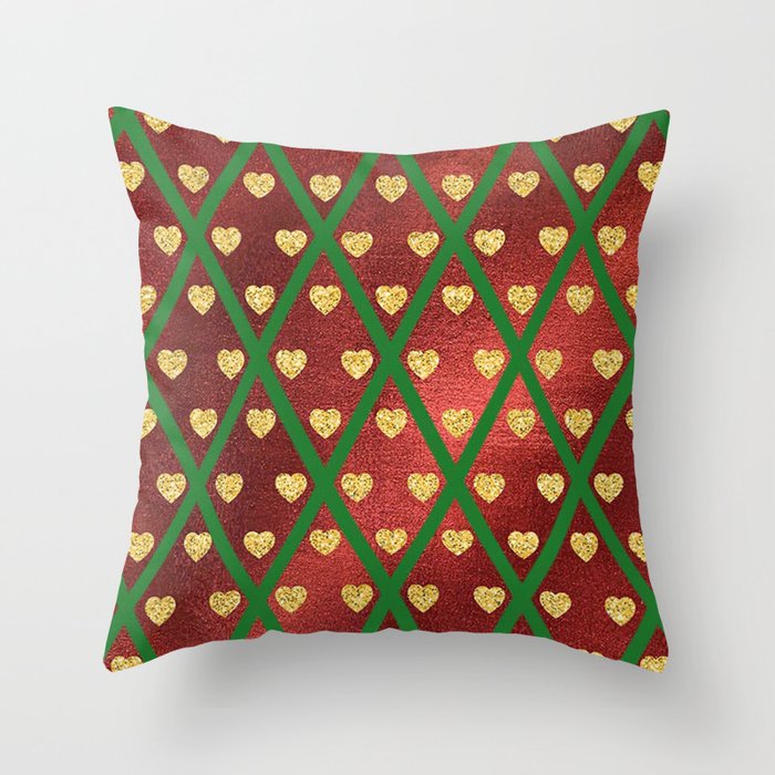 Gold Hearts on a Red Shiny Background with Green Crisscross Lines  Throw Pillow