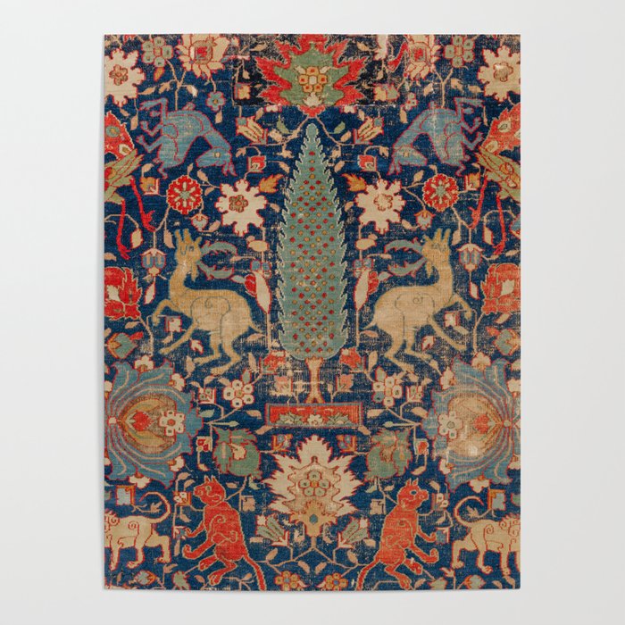 17th Century Persian Rug Print with Animals Poster