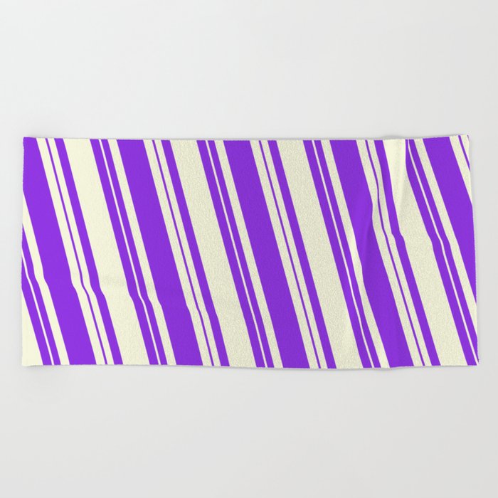 Beige and Purple Colored Lined Pattern Beach Towel