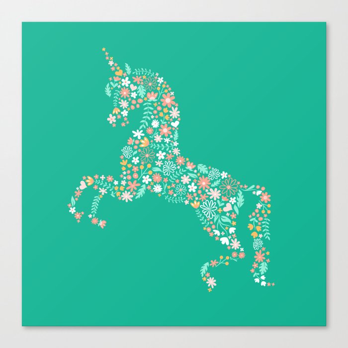 Floral Unicorn in Teal Canvas Print