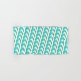 [ Thumbnail: Beige and Turquoise Colored Lines Pattern Hand & Bath Towel ]