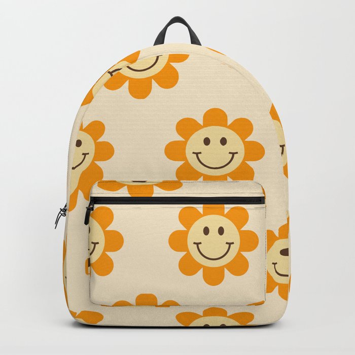 70s Retro Smiley Floral Face Pattern in yellow and beige Backpack