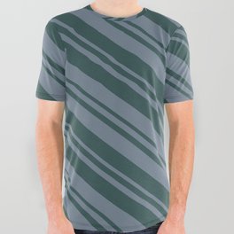 [ Thumbnail: Slate Gray and Dark Slate Gray Colored Stripes Pattern All Over Graphic Tee ]