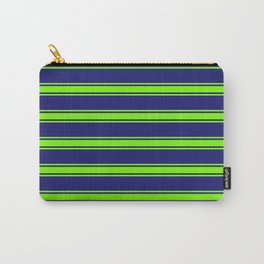 [ Thumbnail: Midnight Blue and Green Colored Lines Pattern Carry-All Pouch ]