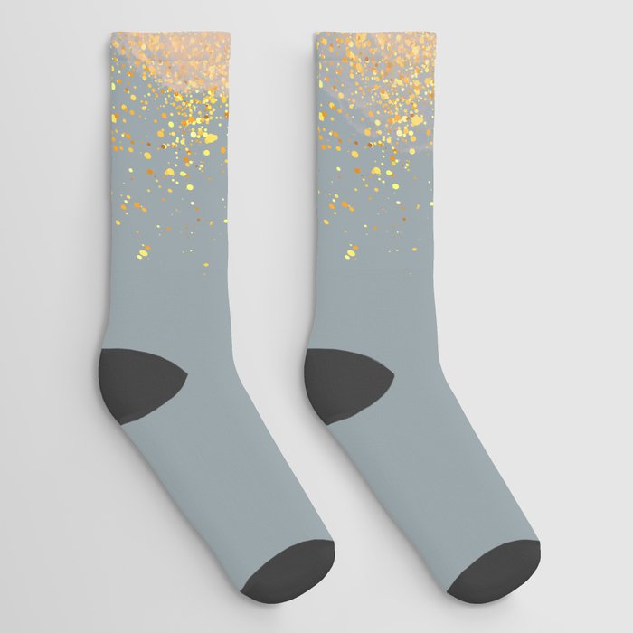 Hand-Drawn Butterfly and Gold Circle Frame on Greenish Gray Socks