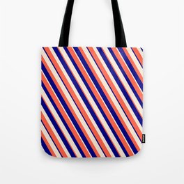 [ Thumbnail: Red, Blue & Beige Colored Striped Pattern Tote Bag ]