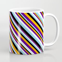 [ Thumbnail: Eye-catching Orange, Indigo, Mint Cream, Sky Blue, and Black Colored Stripes Pattern Coffee Mug ]