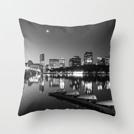 Crescent Moon Over the Charles River and Longfellow Bridge Boston MA Black and White Throw Pillow