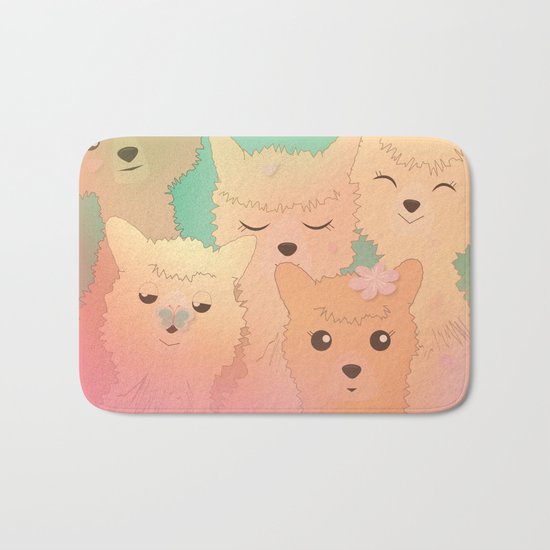 Alpaca Family II - Mint Green Spring Cherry Blossom Background Bath Mat