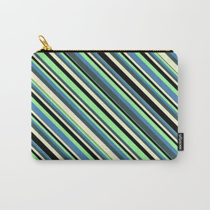 Colorful Green, Blue, Dark Slate Gray, Light Yellow, and Black Colored Stripes/Lines Pattern Carry-All Pouch