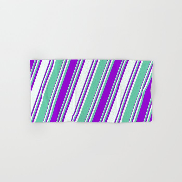 Aquamarine, Dark Violet, and Mint Cream Colored Stripes/Lines Pattern Hand & Bath Towel