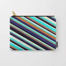 [ Thumbnail: Eye-catching Beige, Aqua, Chocolate, Midnight Blue, and Black Colored Lined Pattern Carry-All Pouch ]