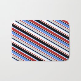 [ Thumbnail: Eyecatching Cornflower Blue, White, Red, Light Gray & Black Colored Lined/Striped Pattern Bath Mat ]