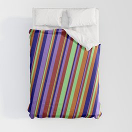 [ Thumbnail: Colorful Brown, Green, Chocolate, Blue, and Purple Colored Lined Pattern Duvet Cover ]