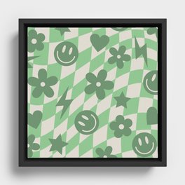 Sage Green Retro Grid Framed Canvas