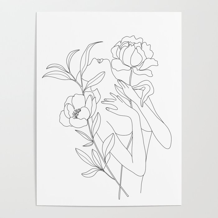 Minimal Line Art Woman with Peonies Poster