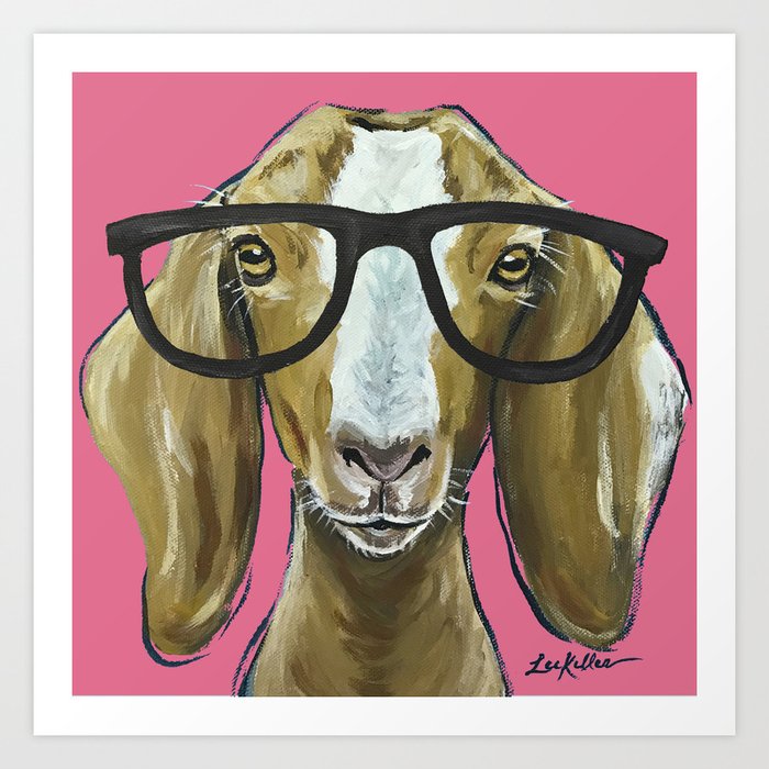 Goat With Glasses Pink Goat Painting Farm Animal Art Print By