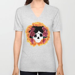 Catrina frida mexican kawaii cute sugar skull mexican style mexican flower marigold skeleton  V Neck T Shirt