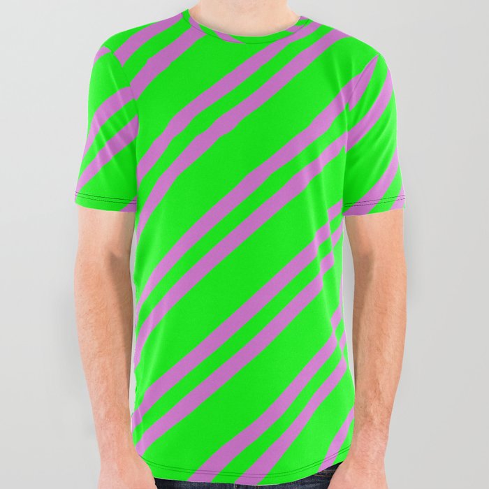Lime and Orchid Colored Striped Pattern All Over Graphic Tee
