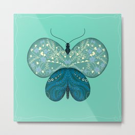 Butterfly Pattern Design Turquoise Floral Illustration  Metal Print