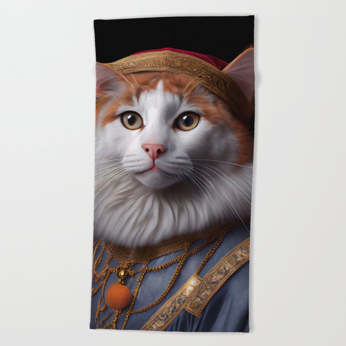 Turkish Van King Cat Breed Portrait Royal Renaissance Animal Painting Beach Towel