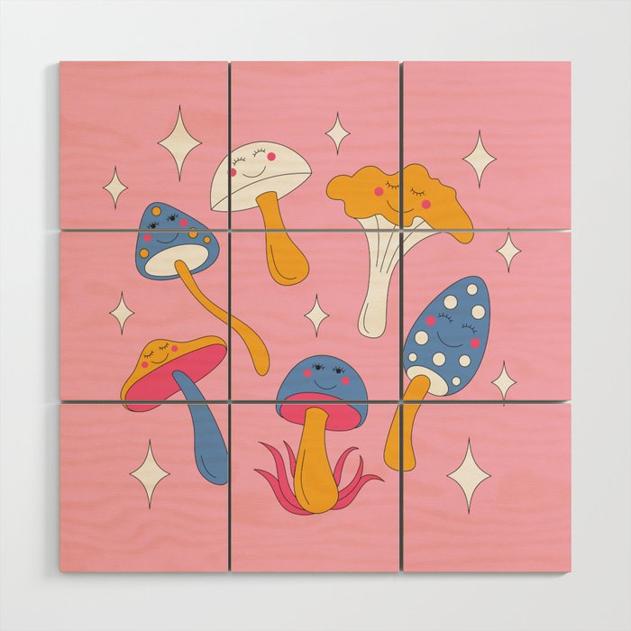 Retro mushrooms and smiles and sparkles. Pink background. Wood Wall Art
