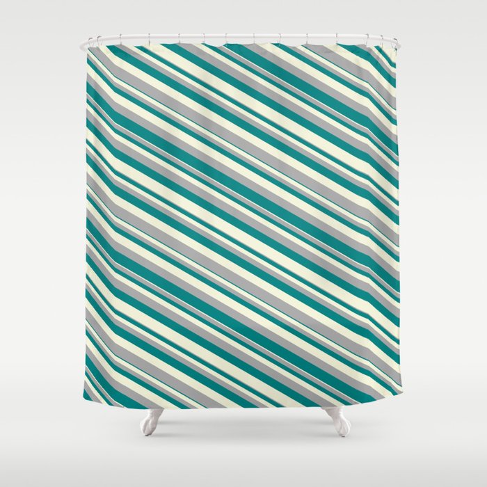 Beige, Dark Gray, and Teal Colored Pattern of Stripes Shower Curtain