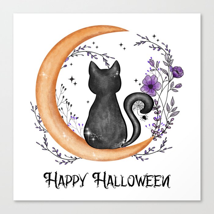 Happy Halloween cat in moon silhouette Canvas Print