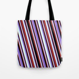 [ Thumbnail: Purple, Light Cyan, Brown, and Black Colored Striped/Lined Pattern Tote Bag ]