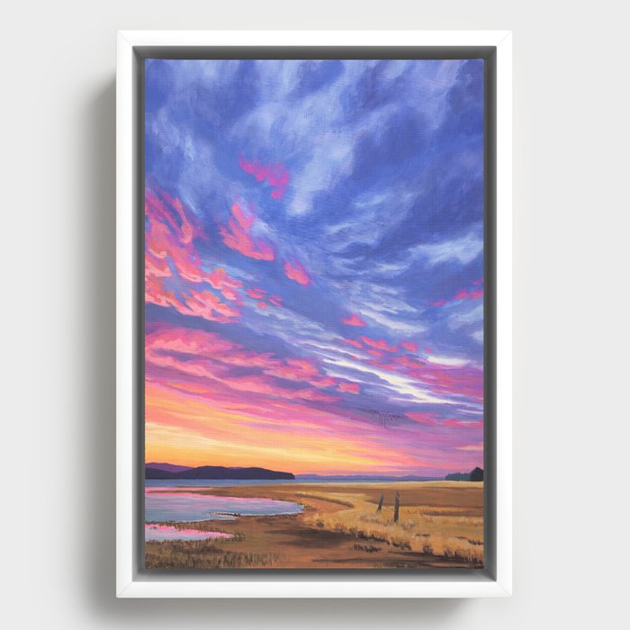 Pink and Purple Sunrise Over Bay Framed Canvas